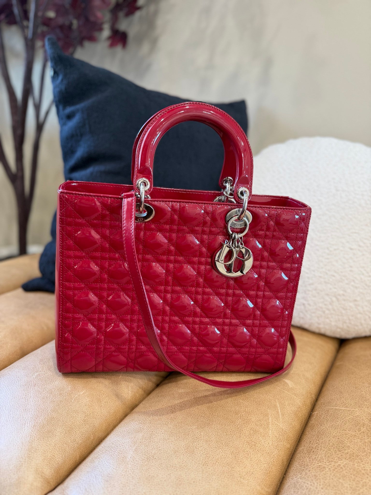 Christian Dior Dark Red Cannage Patent Leather Large Lady Dior Handbag