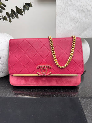 Chanel Red Quilted Caviar Leather And Suede Lady Coco Wallet On Chain