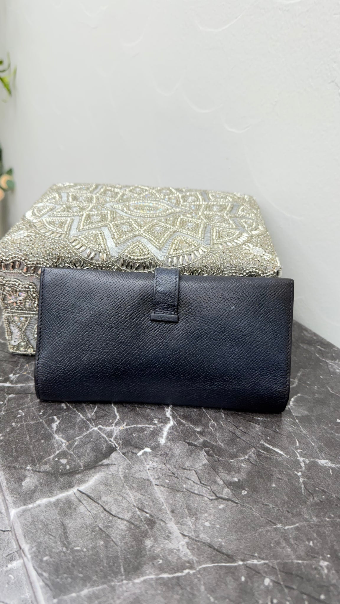 Hermes Black Epsom Leather Bearn Soufflét Long Wallet