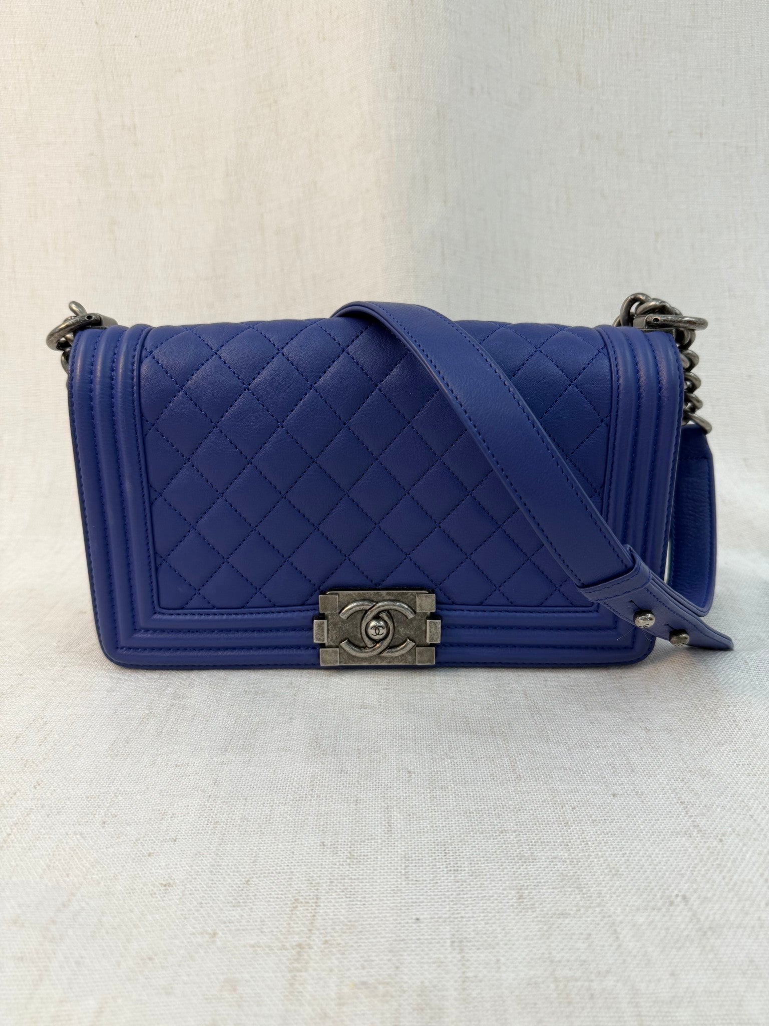 Chanel Blue Calfskin Medium Boy Bag