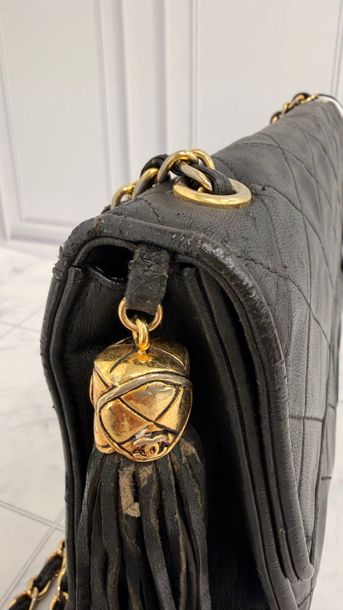 Chanel Black Quilted Lambskin CC Tassel Large Flap Bag