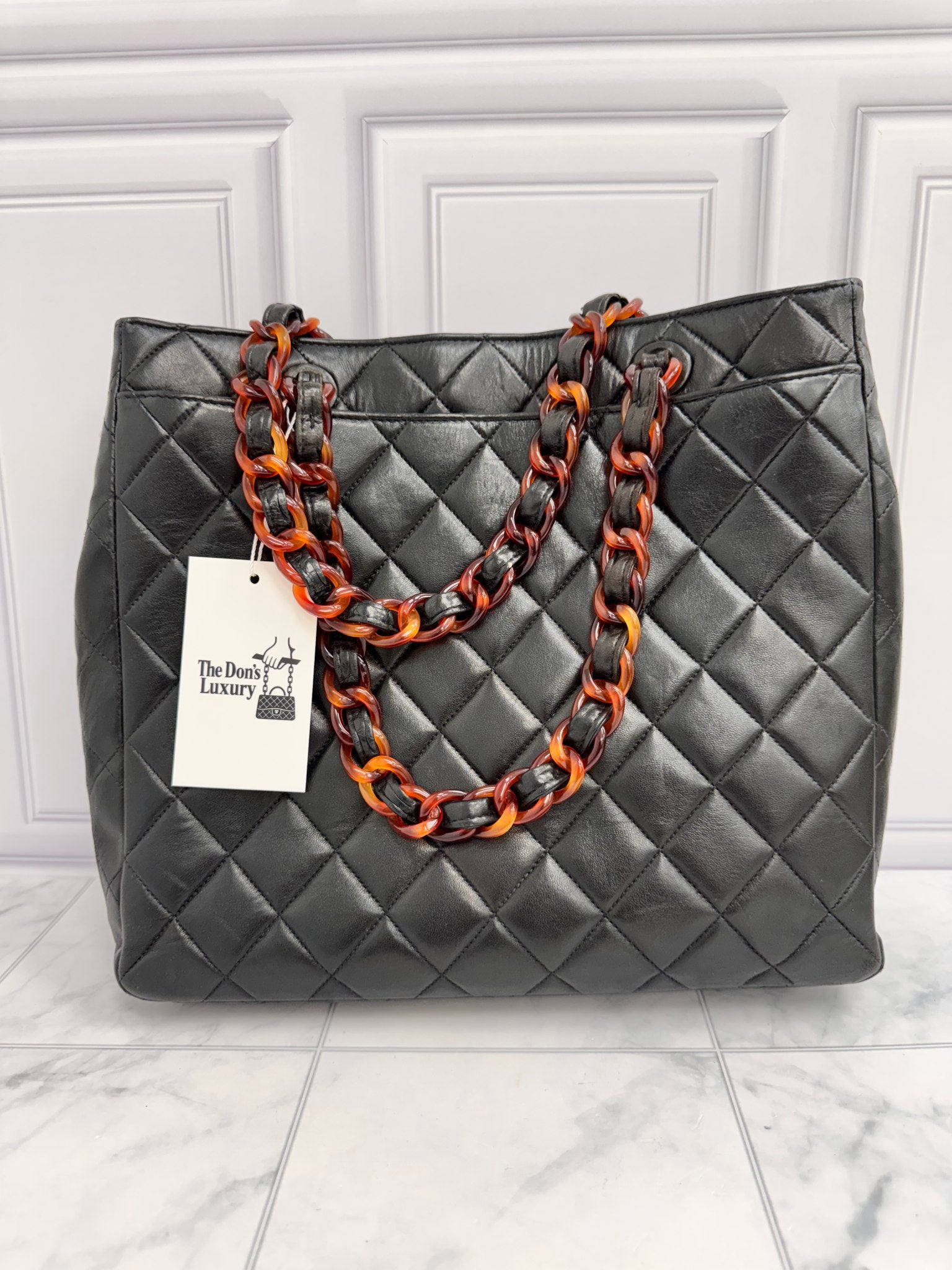 Chanel Vintage Black Quilted Calfskin Leather Tortoise Chain Twist Lock Tote Bag 