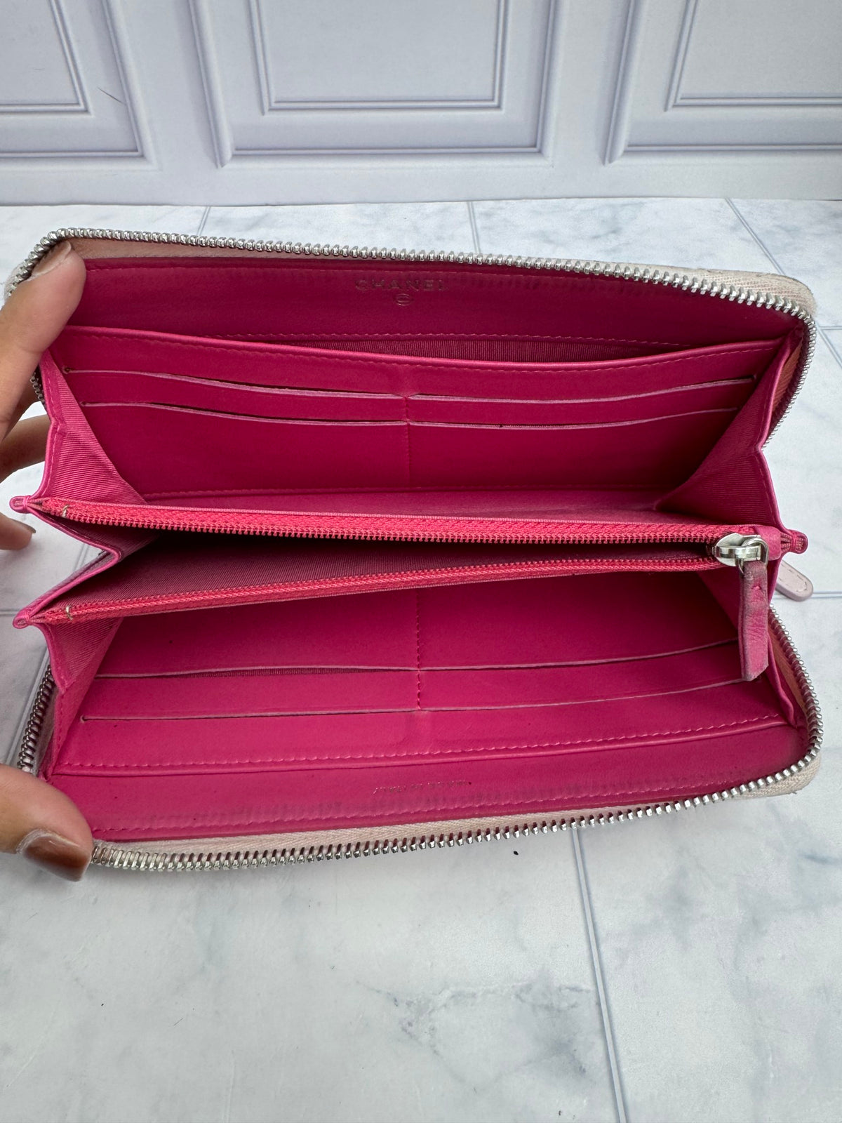 Chanel Pink Camellia Embossed Calfskin Leather Zippy Wallet