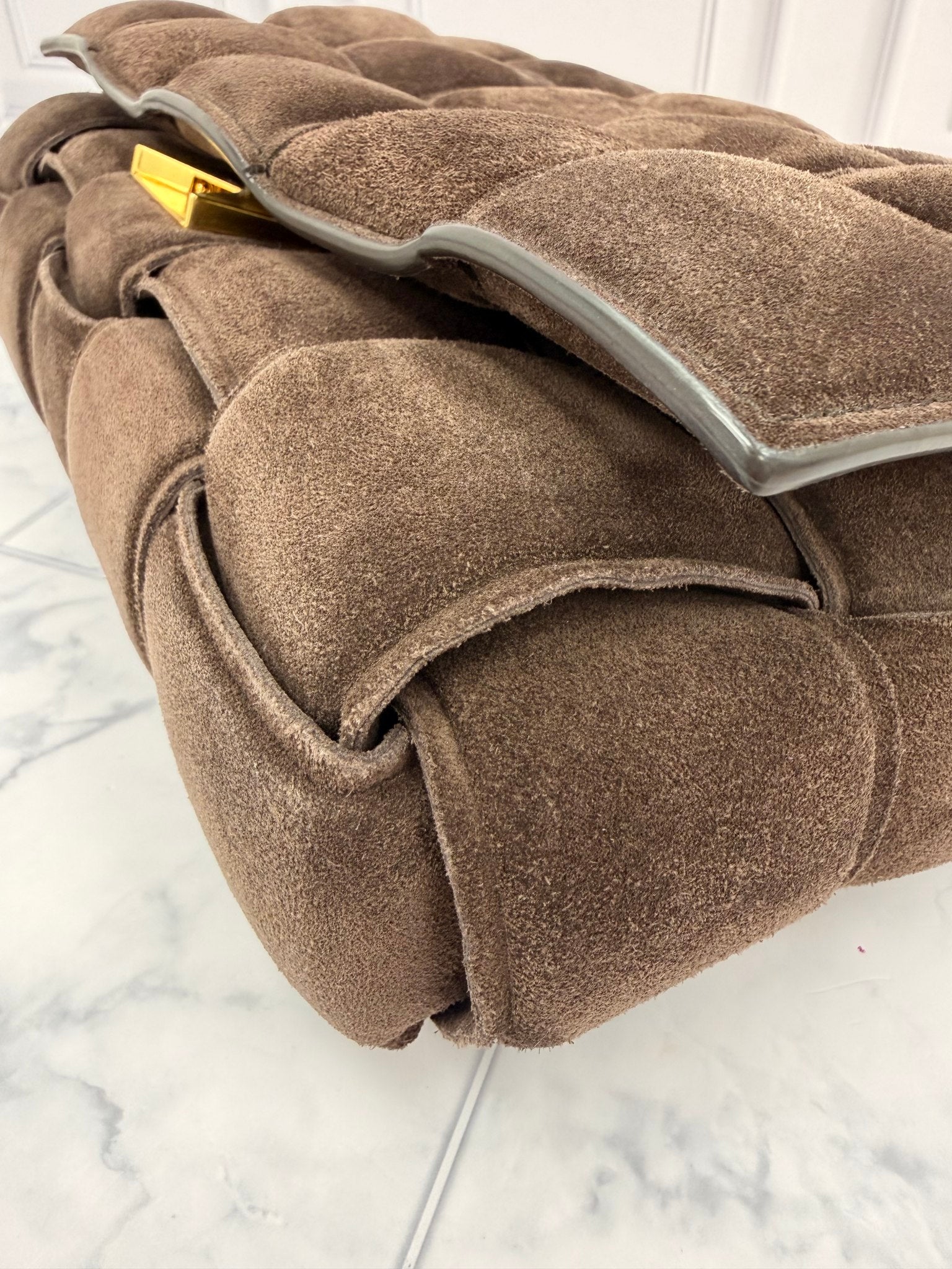 Bottega Veneta Brown Suede Padded Chain Cassette Shoulder Bag