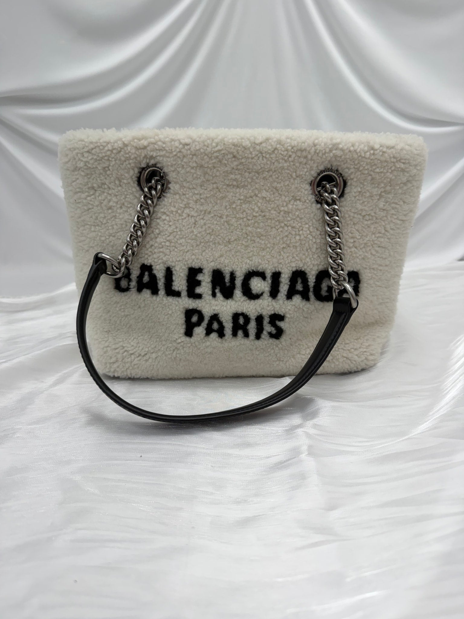 Balenciaga White & Black Shearling Shoulder Tote 