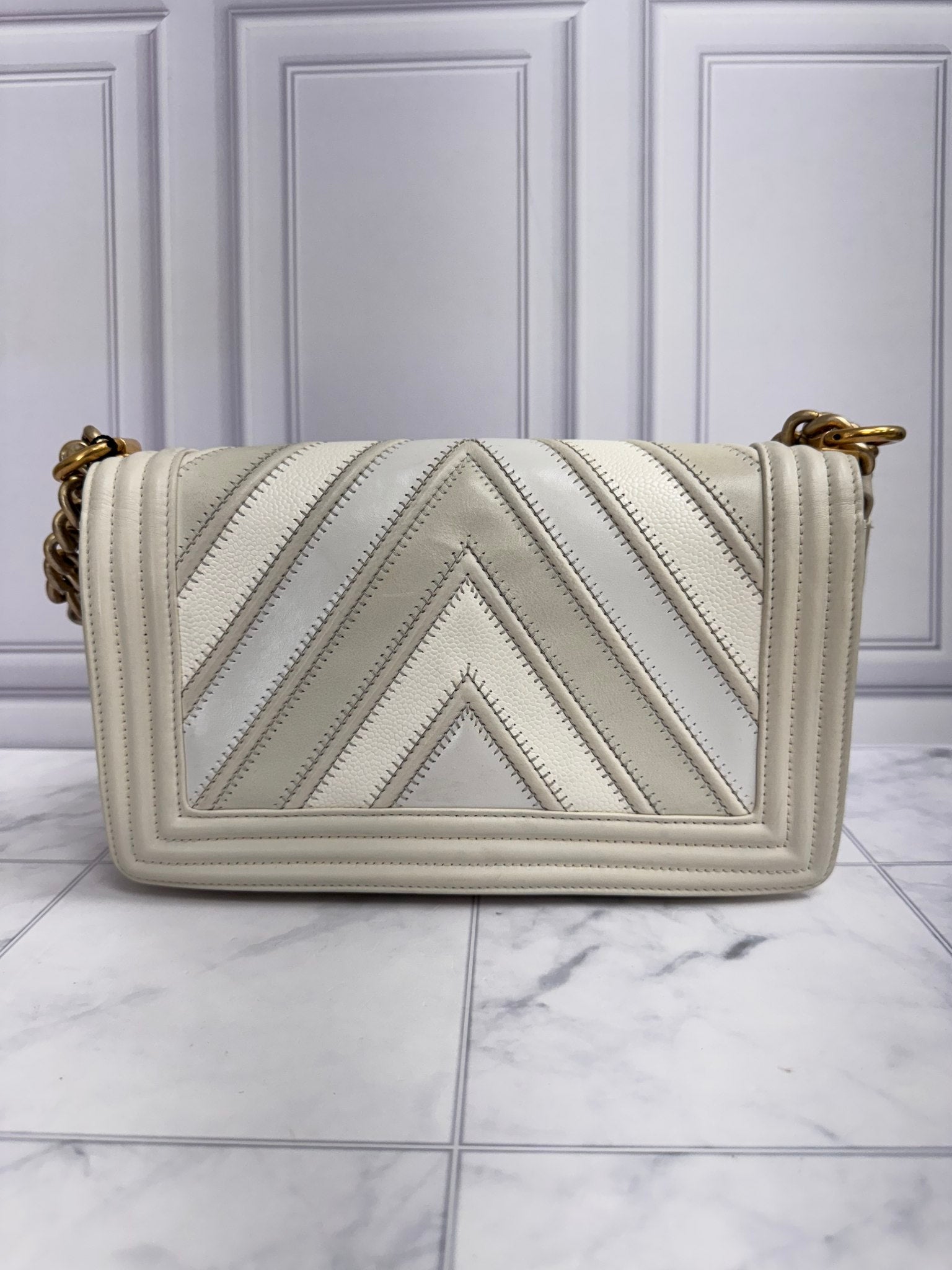 Chanel Ivory Chevron Mix Medium Boy Flap Bag 