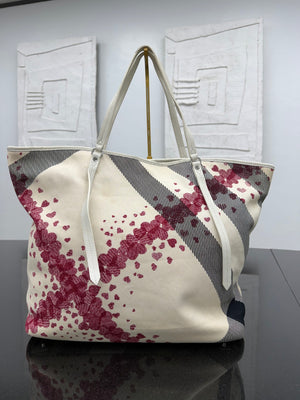 Burberry Cream Confetti Heart Check Canvas Large Tote Bag