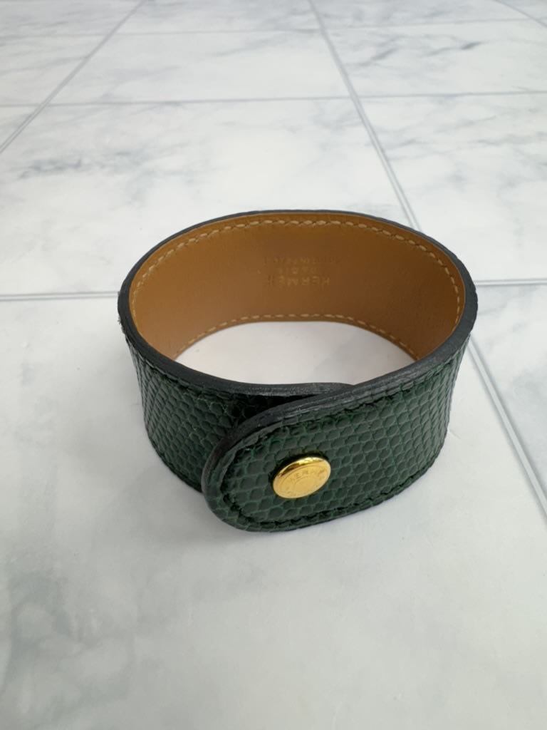 Hermes Green Lizard Skin Medor Stud Cuff Bracelet