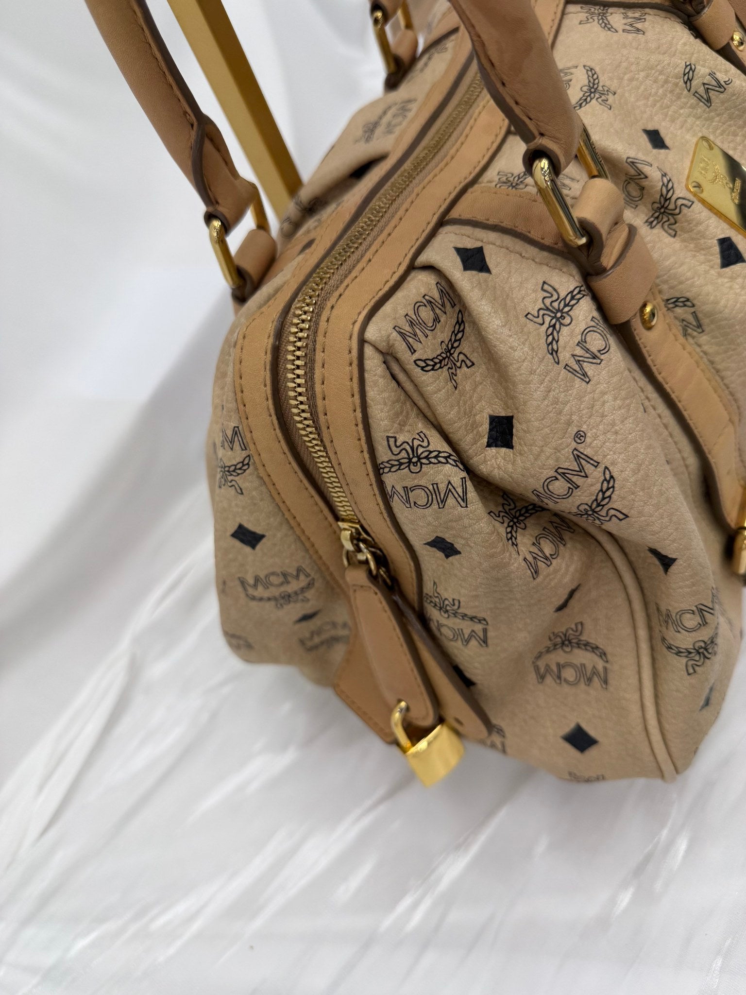 Mcm Cream Visetos Leather Boston Bag