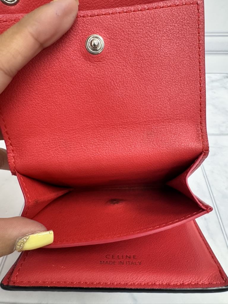Celine Taupe And Red Pebbled Leather Compact Wallet