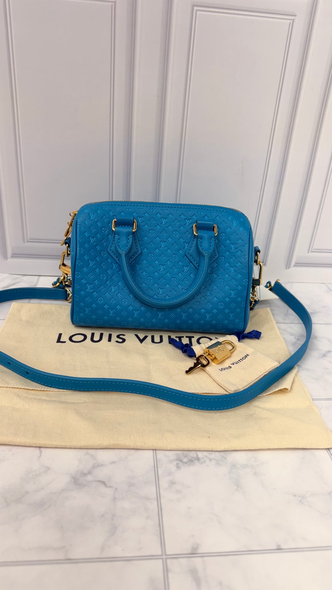 LIKE NEW - Louis Vuitton Bright Blue Calfskin Nanogram Embossed Speedy Bandouliere 20