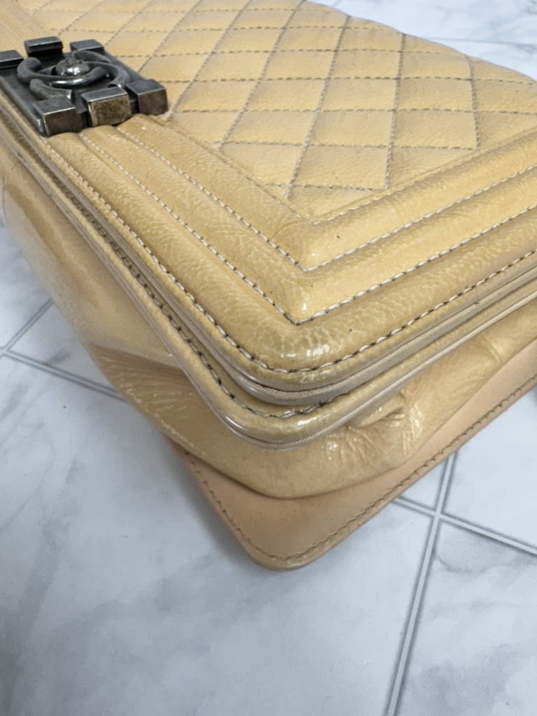 Chanel Beige Diamond Quilted Patent Leather Boy Bag