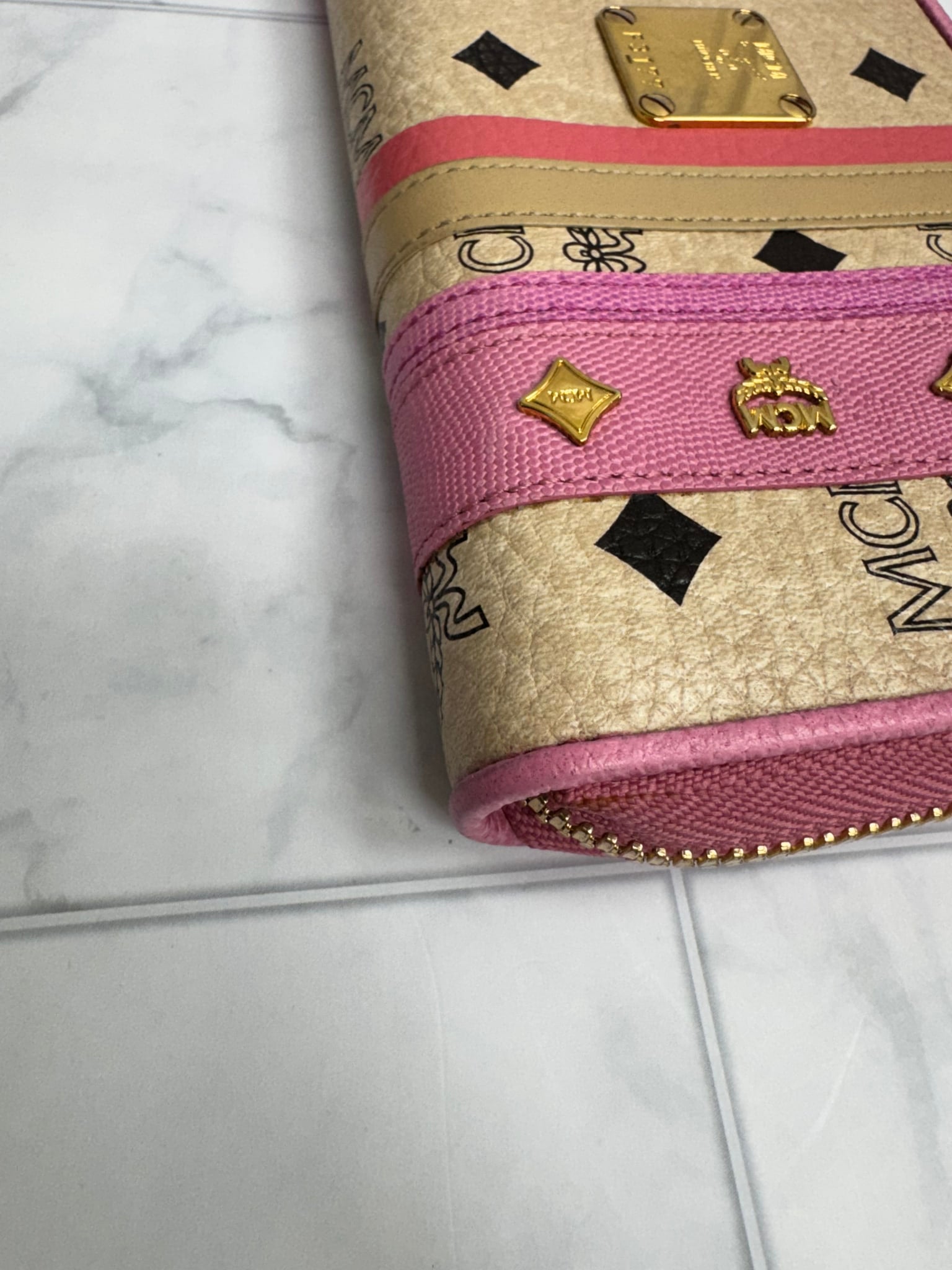 MCM Pink Coated Canvas Stripe Long Zippy Wallet
