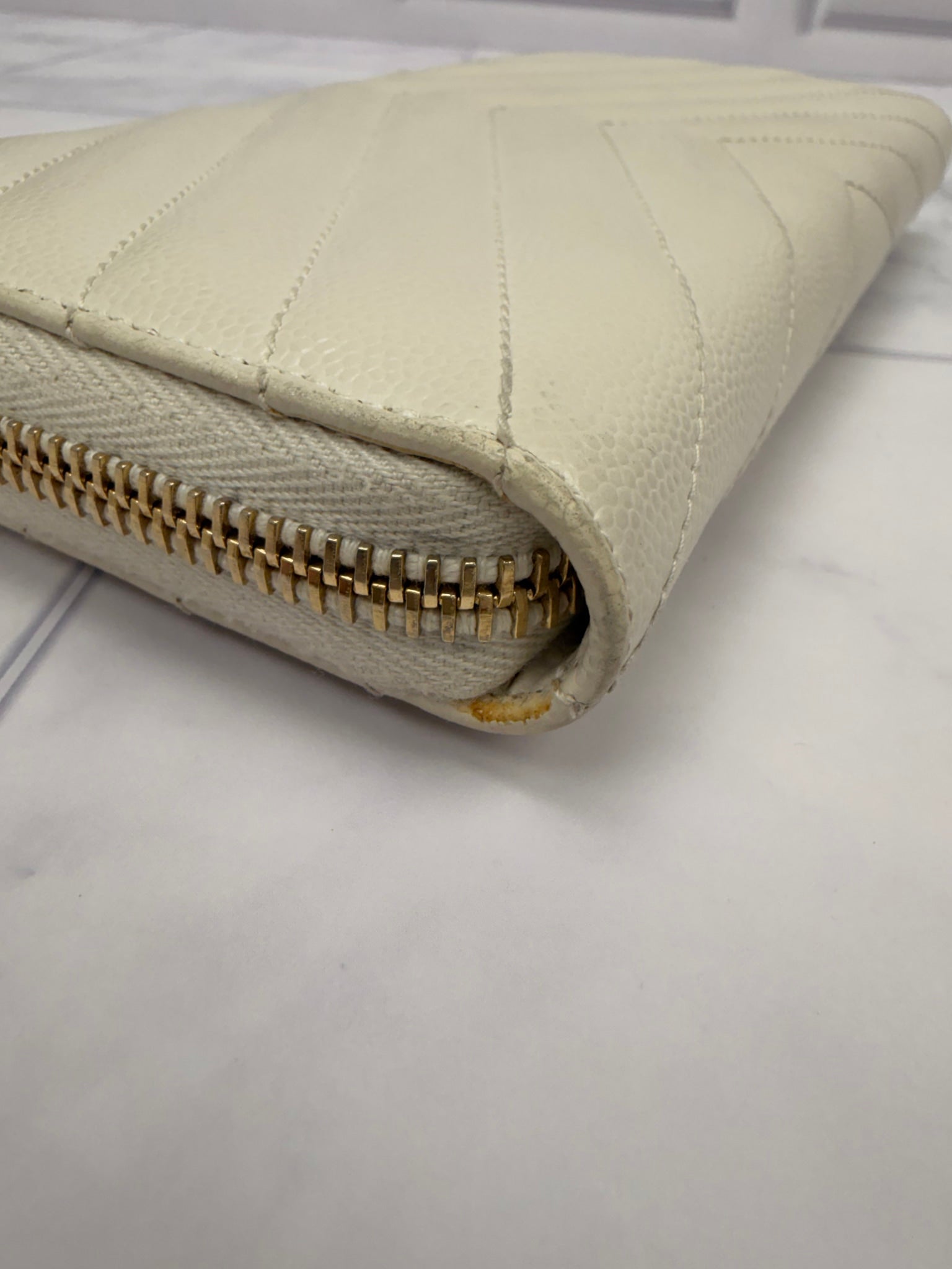 Saint Laurent YSL Cream Chevron Leather Continental Wallet 