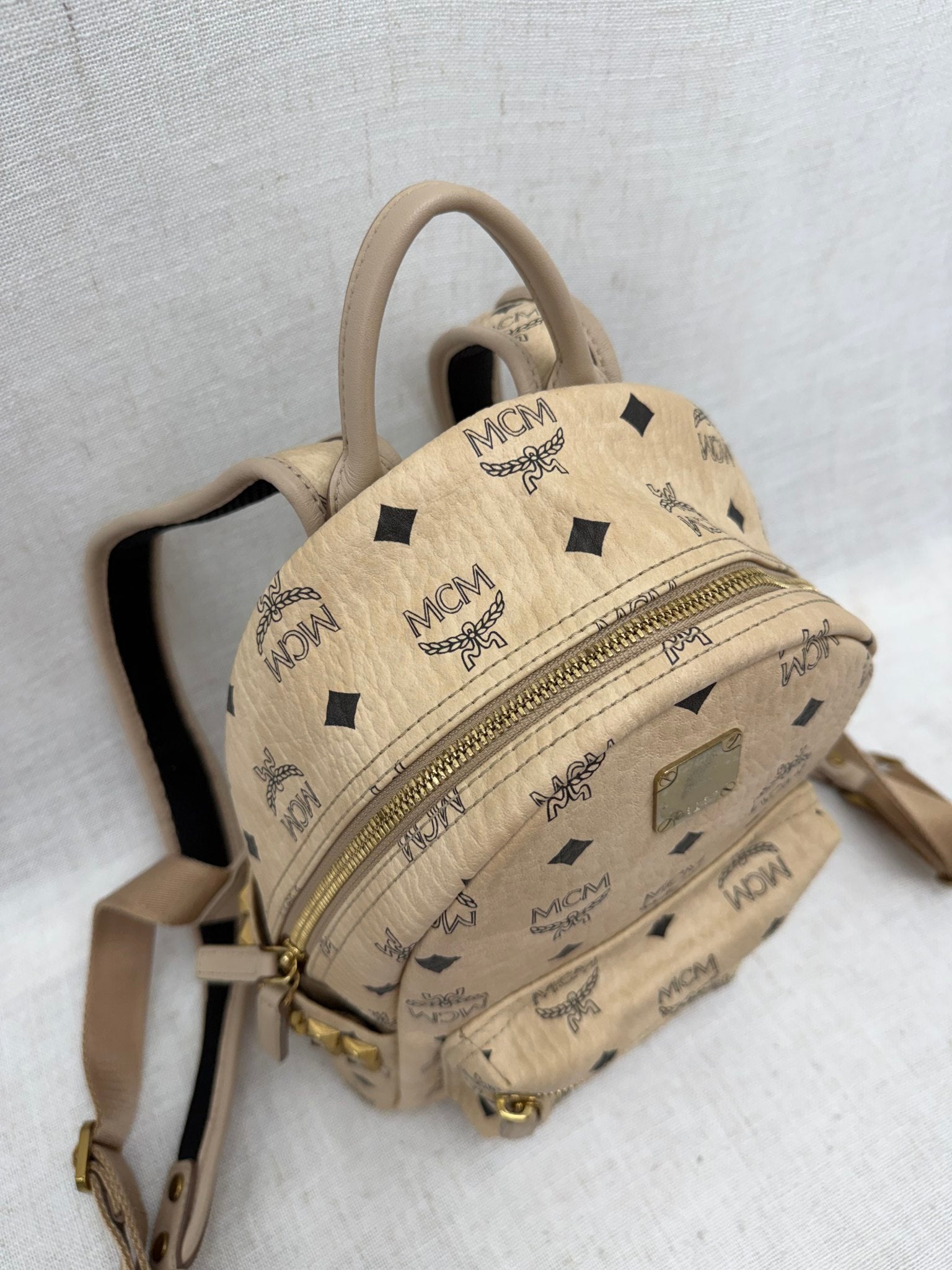 MCM Beige Visetos Leather Studded Mini Backpack