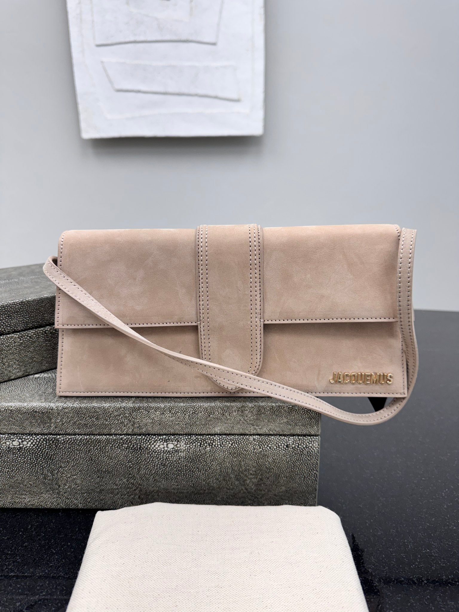 BRAND NEW Jacquemus Beige Suede Le Bambino Long Shoulder Bag