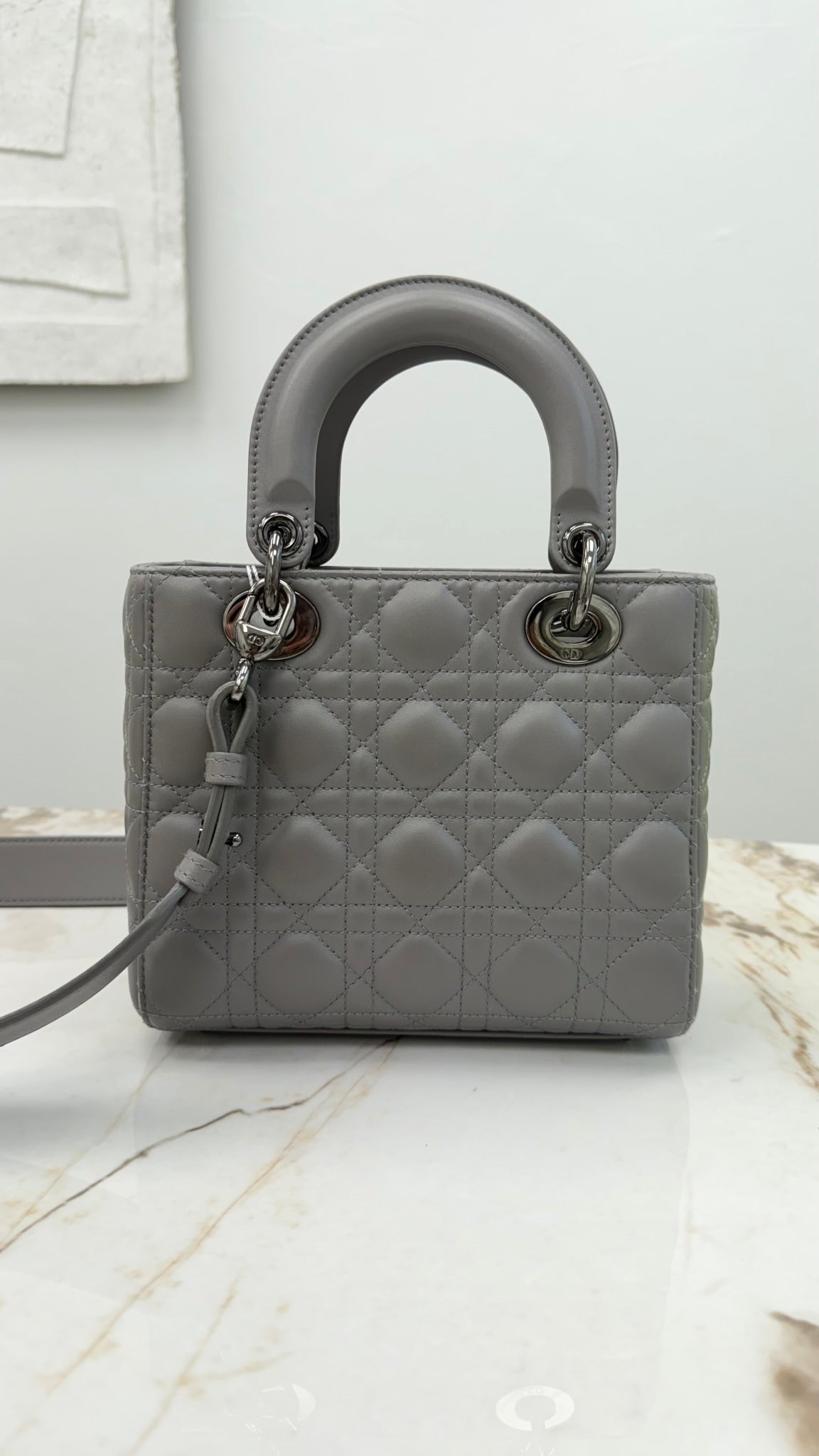 Christian Dior  Matte Grey Cannage Leather Small Lady Dior & Twilly