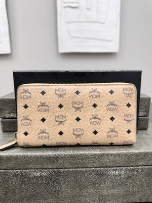 MCM Beige Visetos Monogram Leather Zippy Wallet