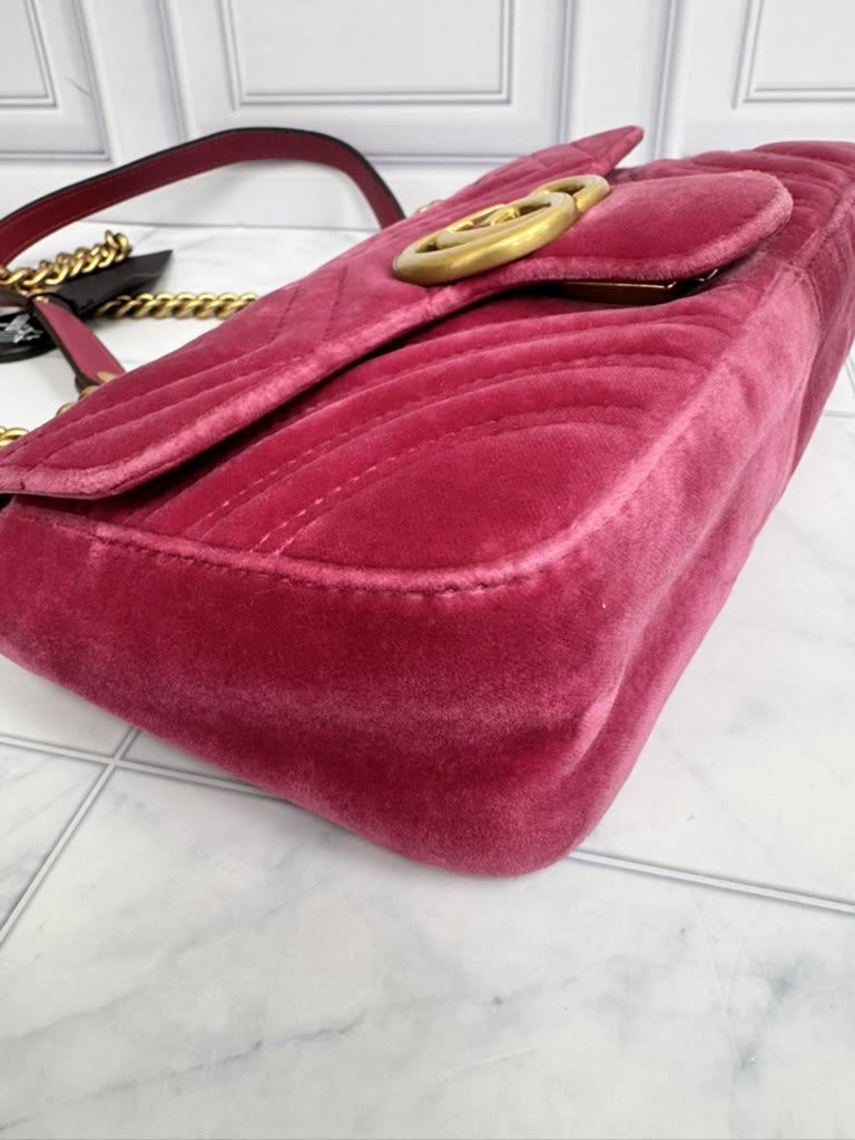 Gucci Pink Velvet Matelasse GG Marmont Chain Shoulder Bag