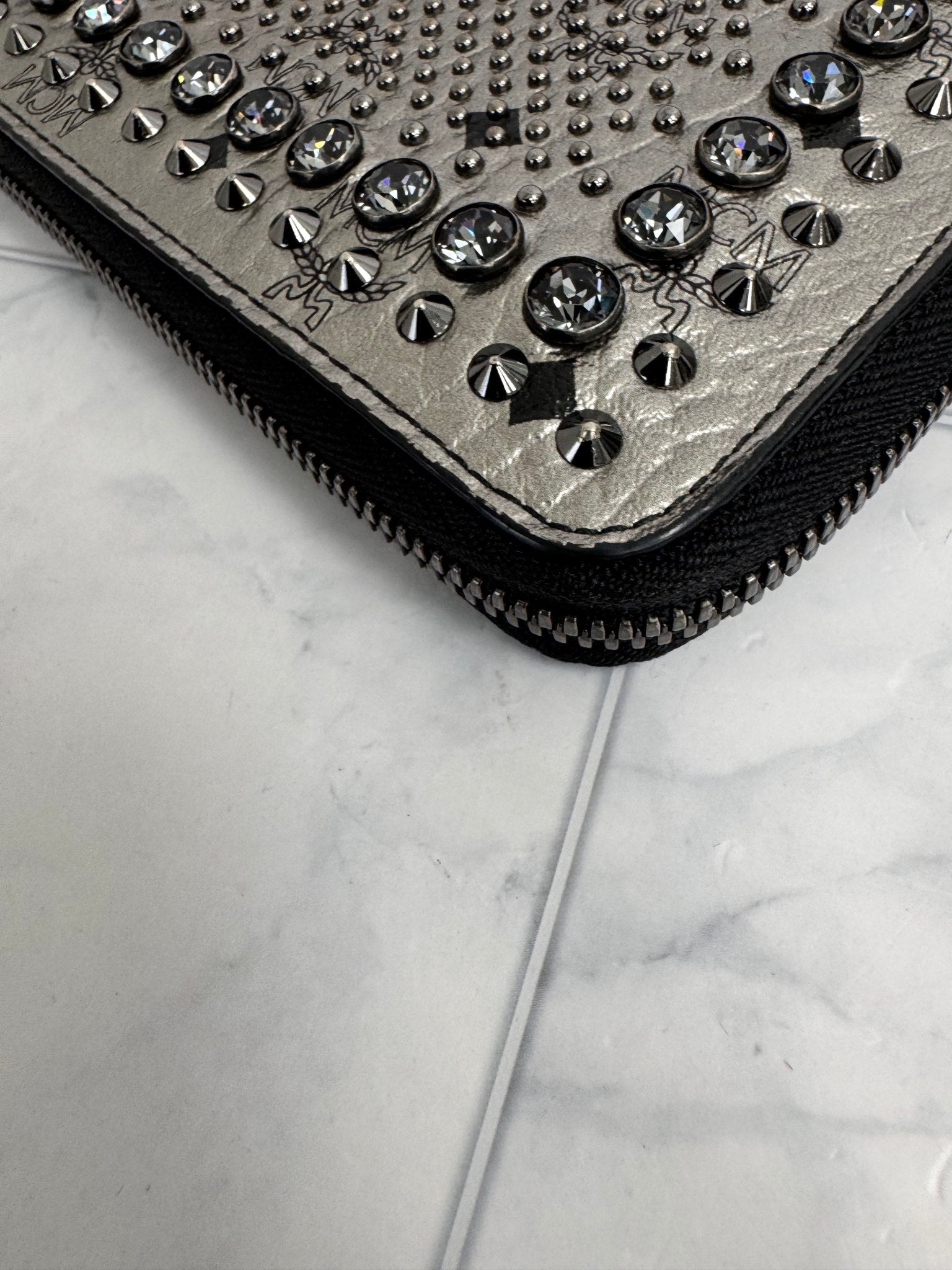 MCM Metallic Silver Visetos Leather Studded Zippy Wallet