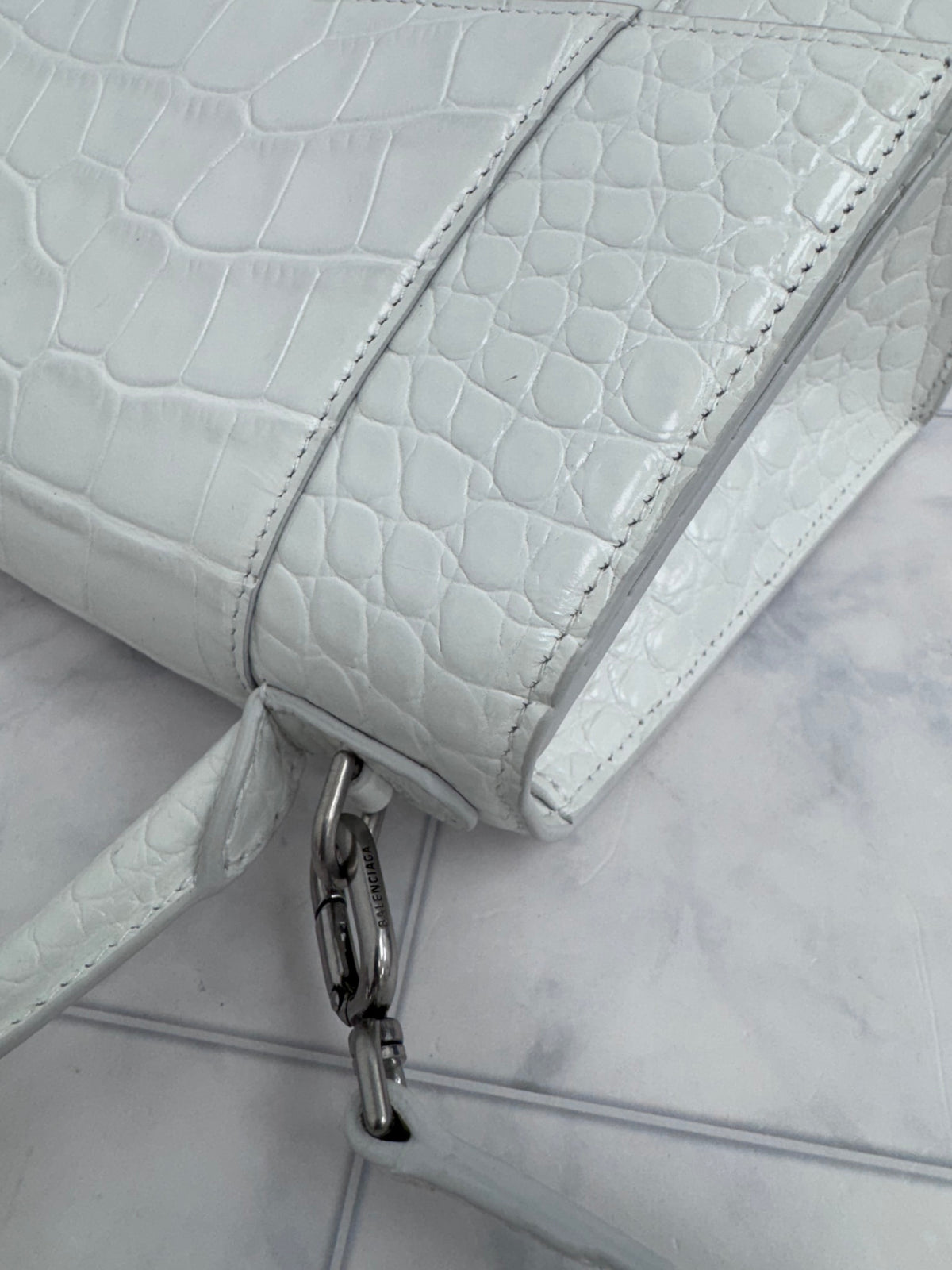 Balenciaga White Croc Embossed Hourglass Top Handle Bag
