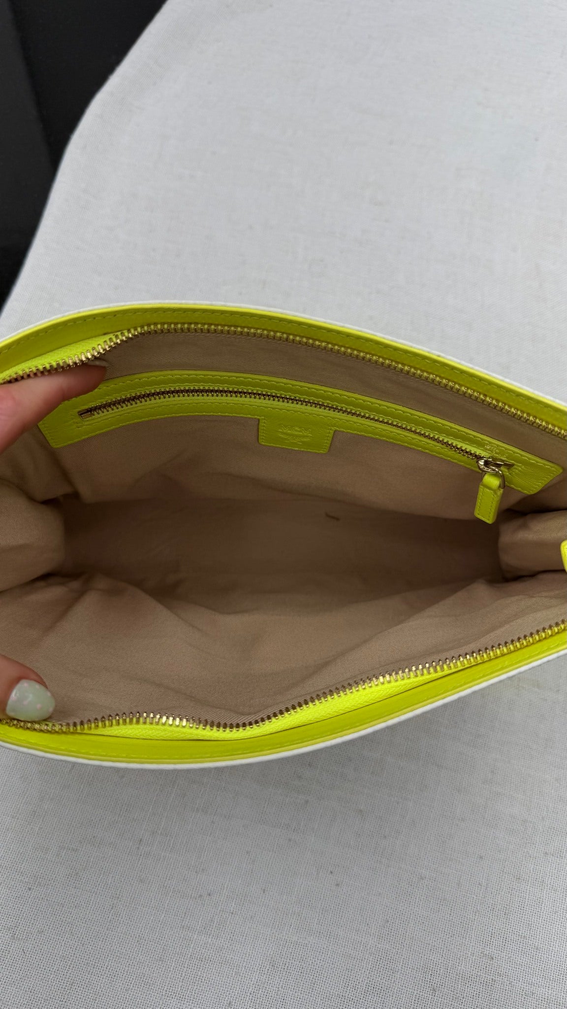 MCM White Visetos Coated Canvas & Neon Green Leather Clutch