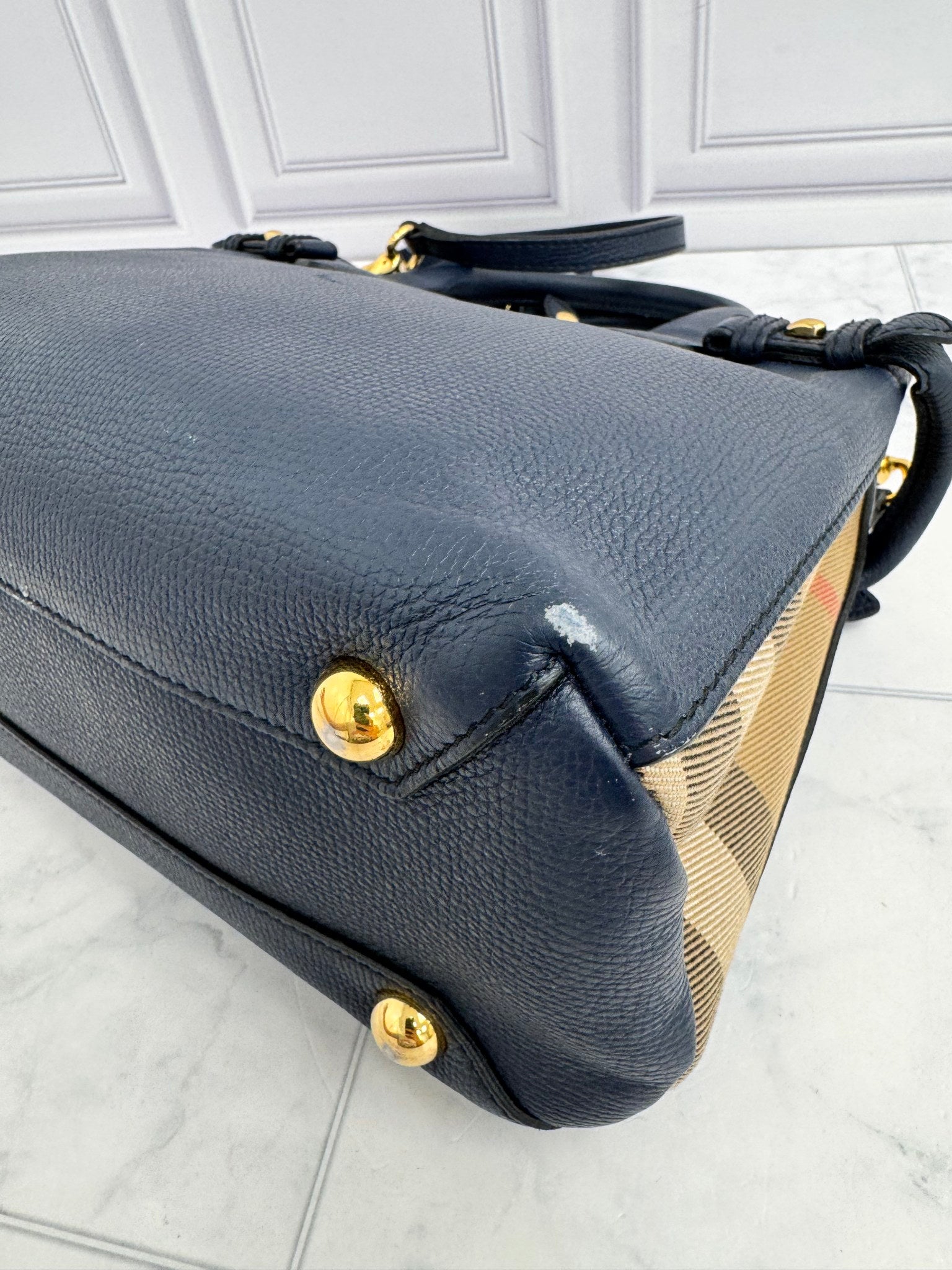 Burberry Navy Blue Grained Leather Small Tote Bag