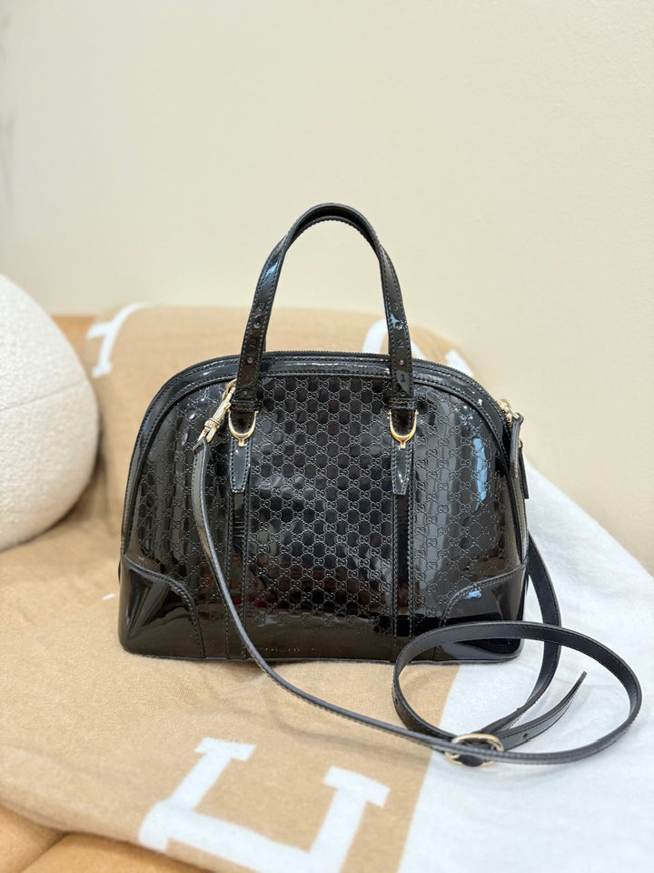 Gucci Black Patent Leather MicroGuccisima Medium Dome 2Way Bag