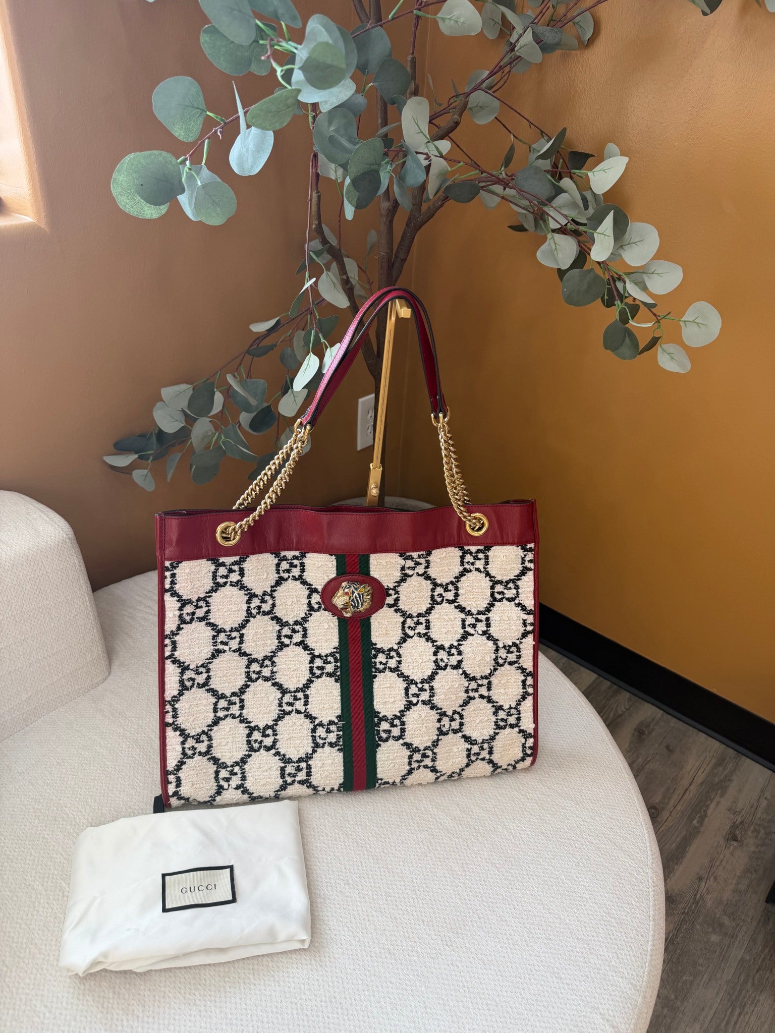 Gucci White Tweed And Red Leather Trim GG Rajah Tote