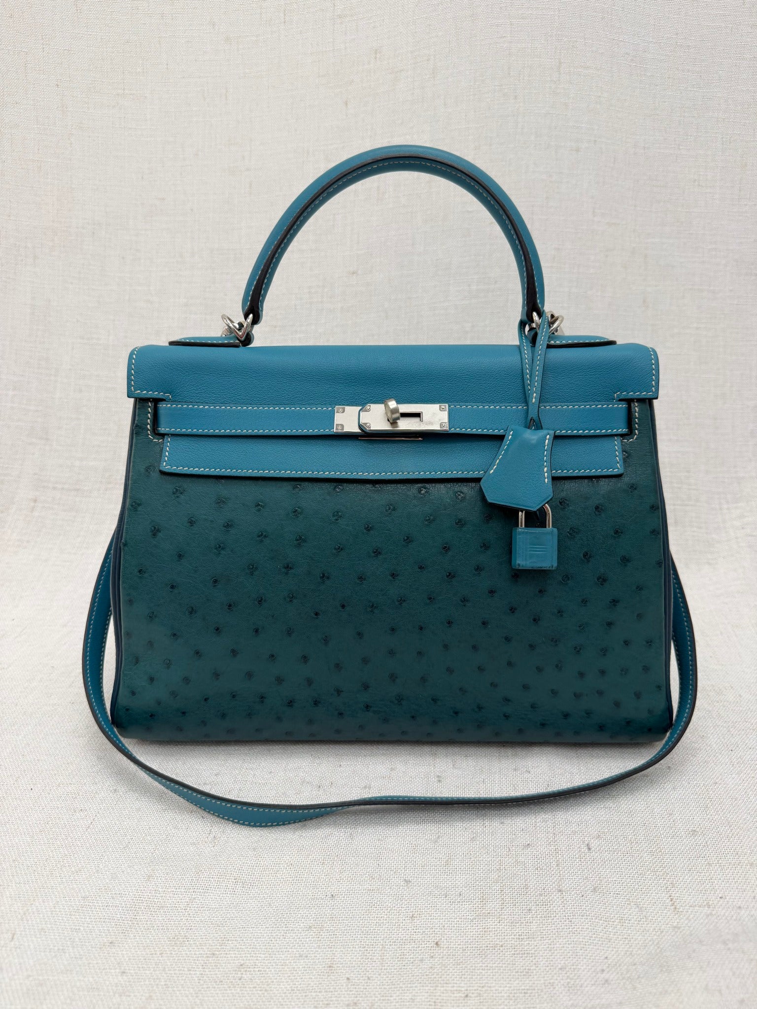 Hermes Turquoise Ostrich & Swift, Clemence Leather Kelly 32