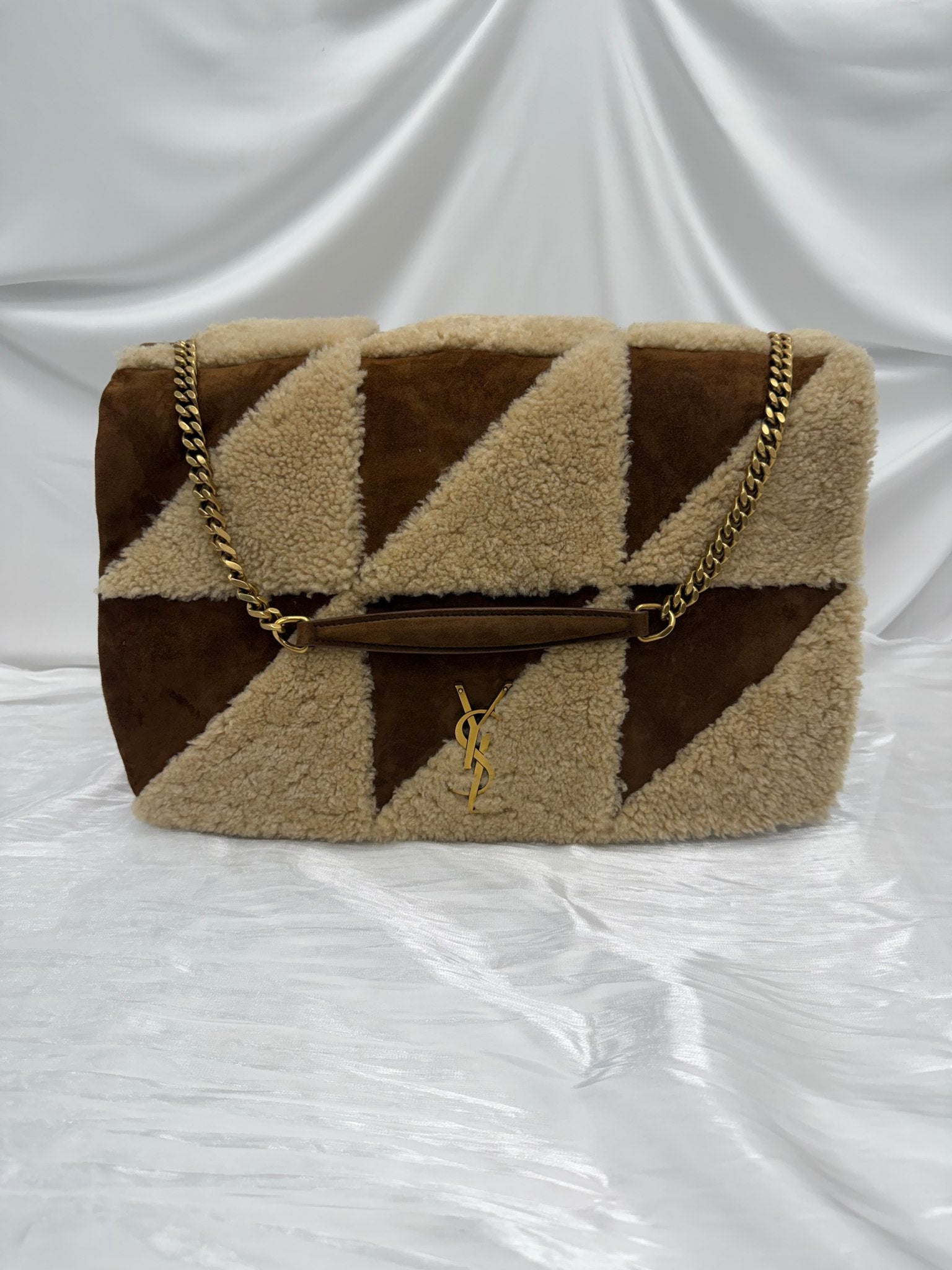 LIKE NEW- Saint Laurent YSL Brown Suede & Shearling Medium Jamie Patchwork  Shoulder Bag