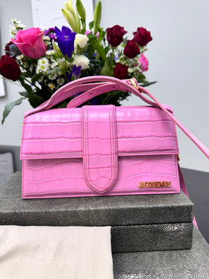 BRAND NEW - Jacquemus Pink Croc Embossed Leather Le Bambino Long 2Way Bag
