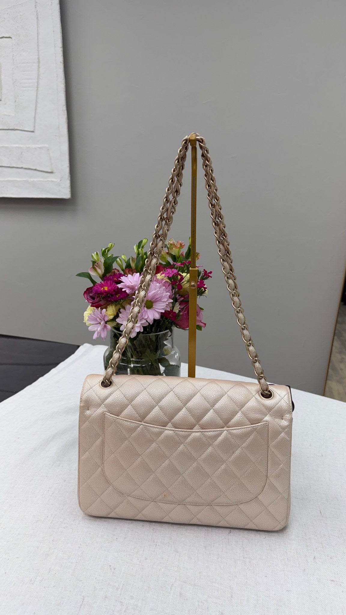 Chanel Beige Iridescent Caviar Leather Classic Flap Bag 