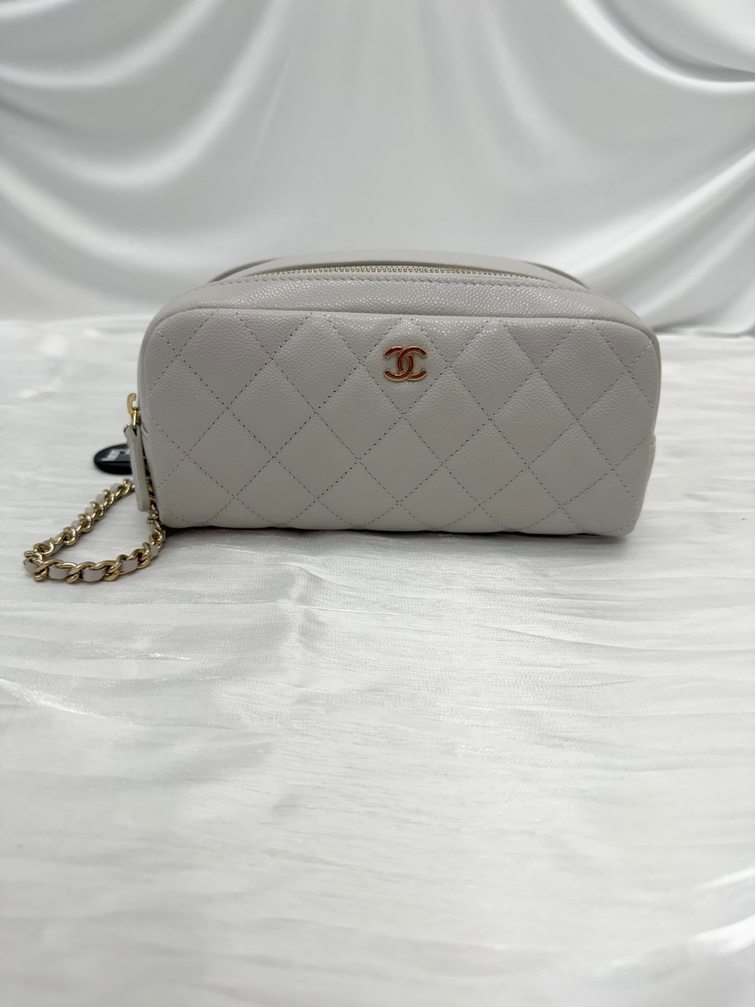 BRAND NEW- Chanel Gray Quilted Caviar Double Zip Cosmetic Case