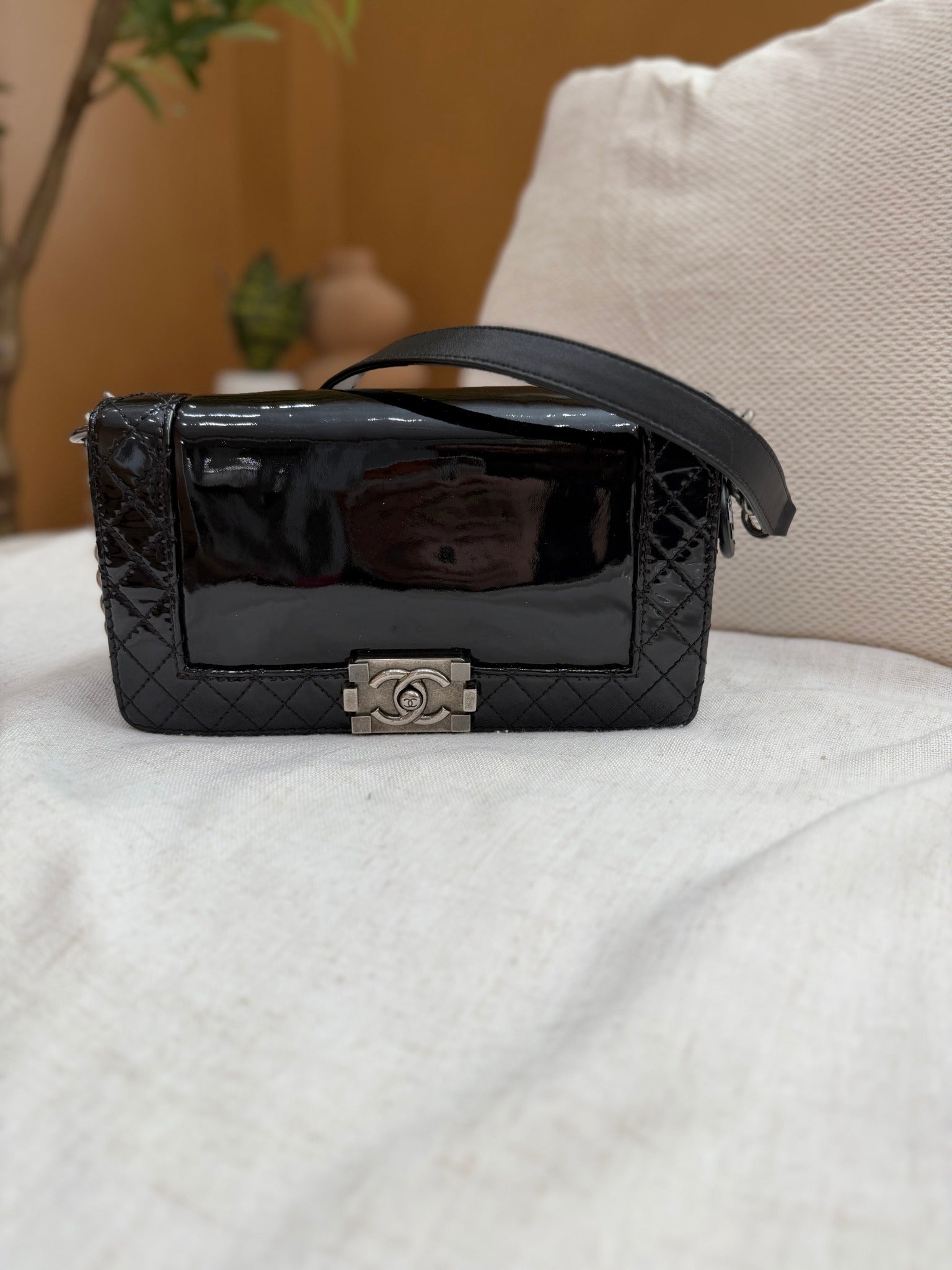 Chanel Black Patent Leather Medium Boy Bag