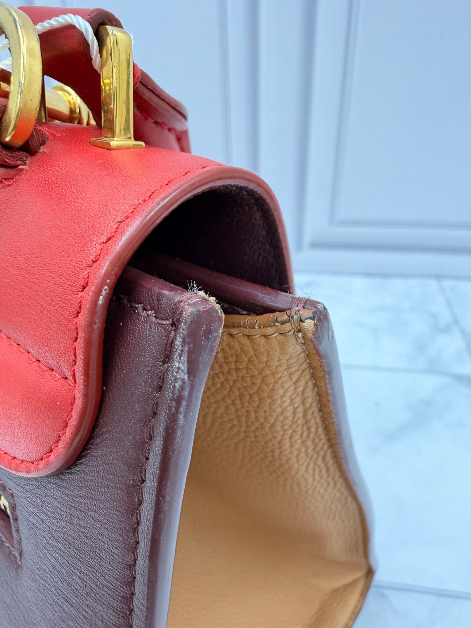 Celine Red & Burgundy Leather Small Trapeze Bag