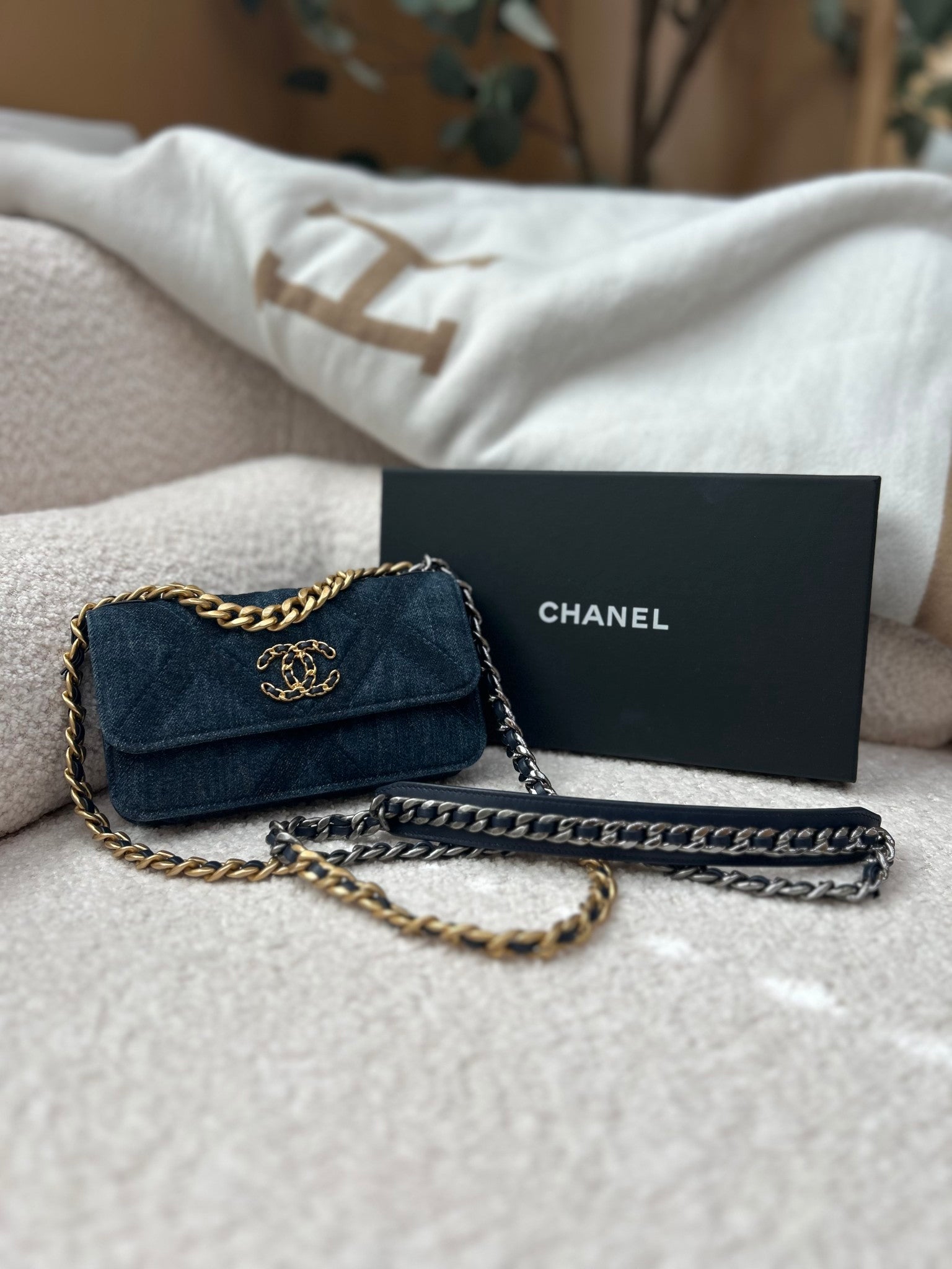 Chanel Denim Quilted Chanel 19 Flap Phone Holder WOC