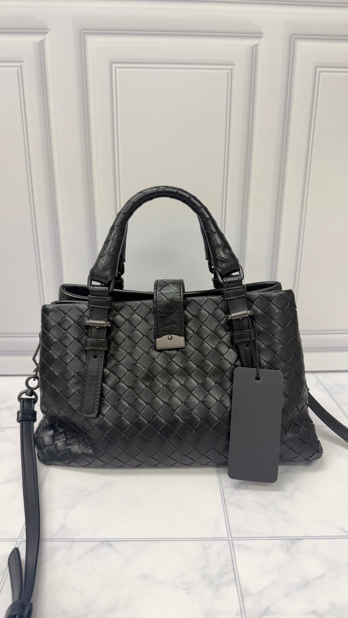Bottega Veneta Black Intrecciato Leather Mini Roma 2Way Handbag 