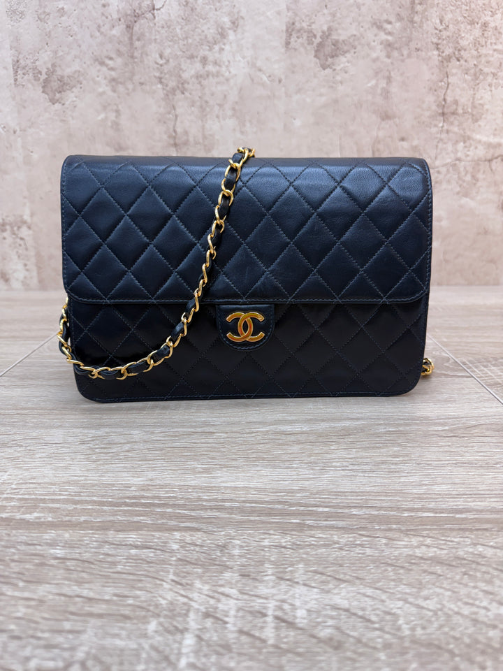 Chanel Vintage 24K Gold Black Leather CC Square Flap Shoulder Bag
