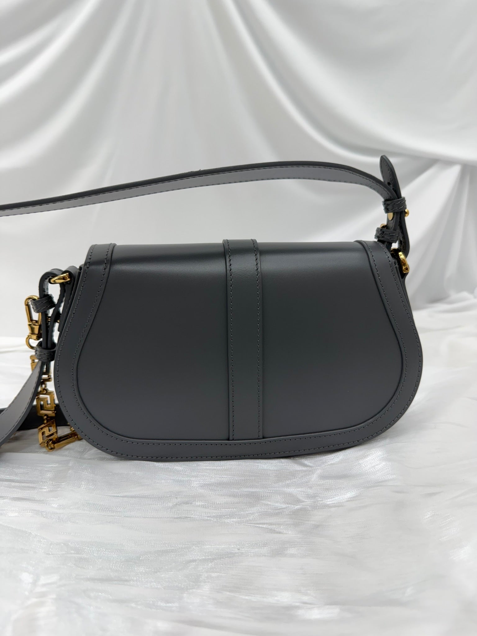 LIKE NEW- Versace Grey Calfskin Medium Greca Goddess Shoulder Bag