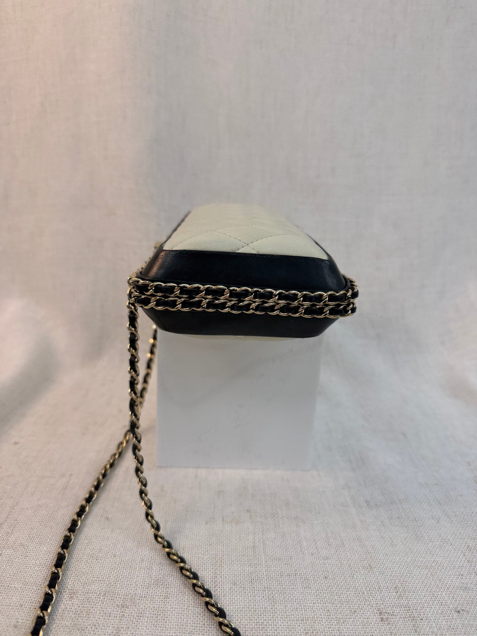 Chanel Black And White Calfskin Chain Around Clutch Bag
