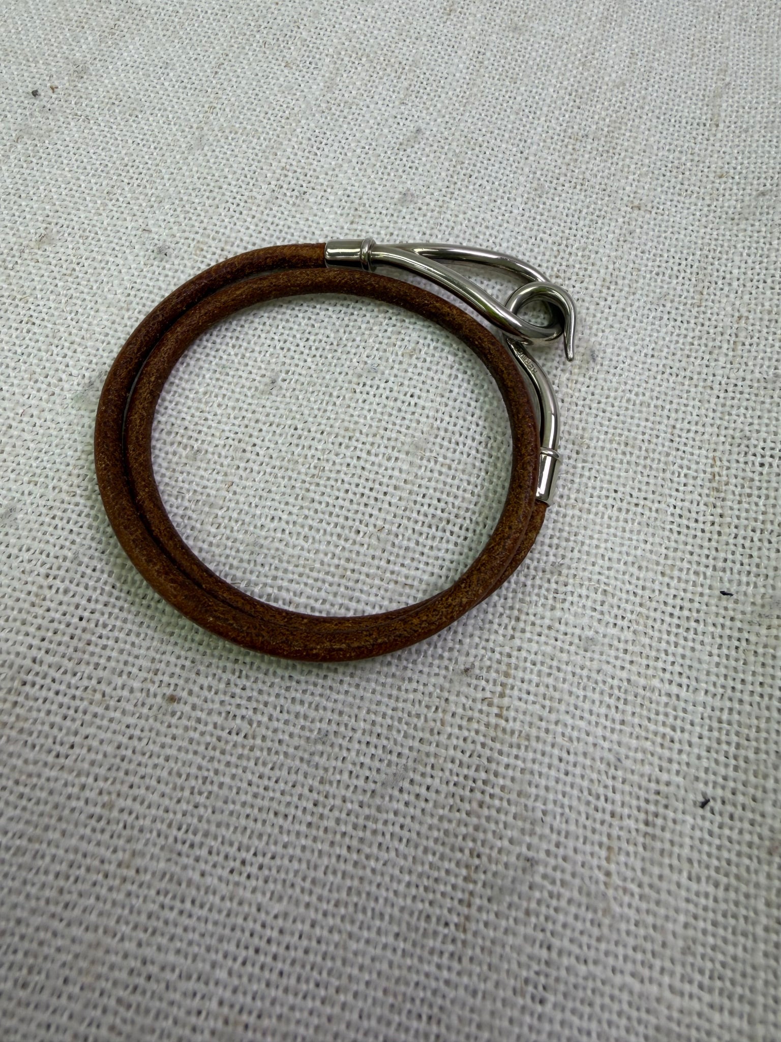 Hermes Brown Leather Silver Jumbo Hook Double Tour Bracelet