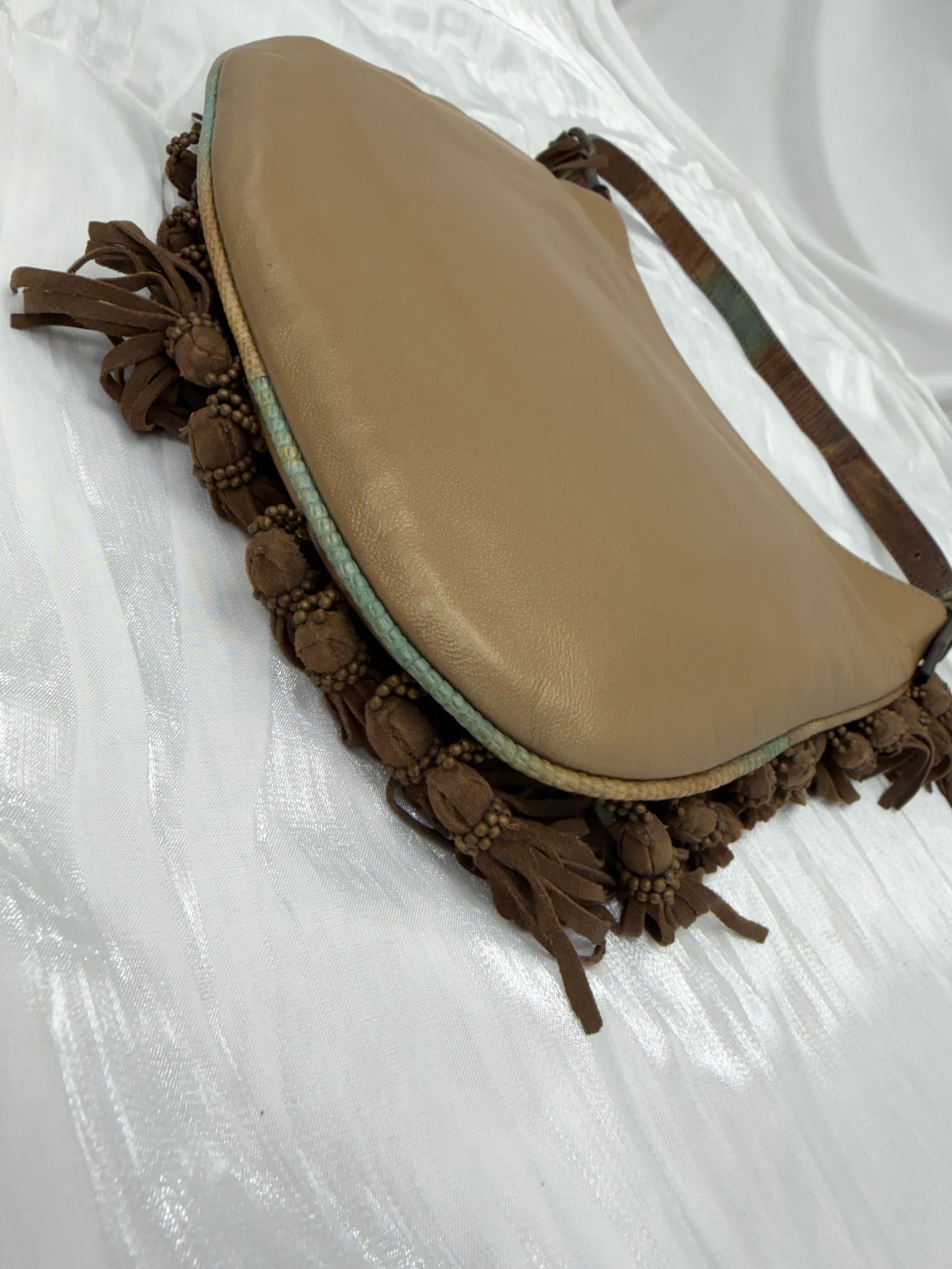 Fendi Brown Suede & Lizard Oyster Beaded Fringe Hobo Bag