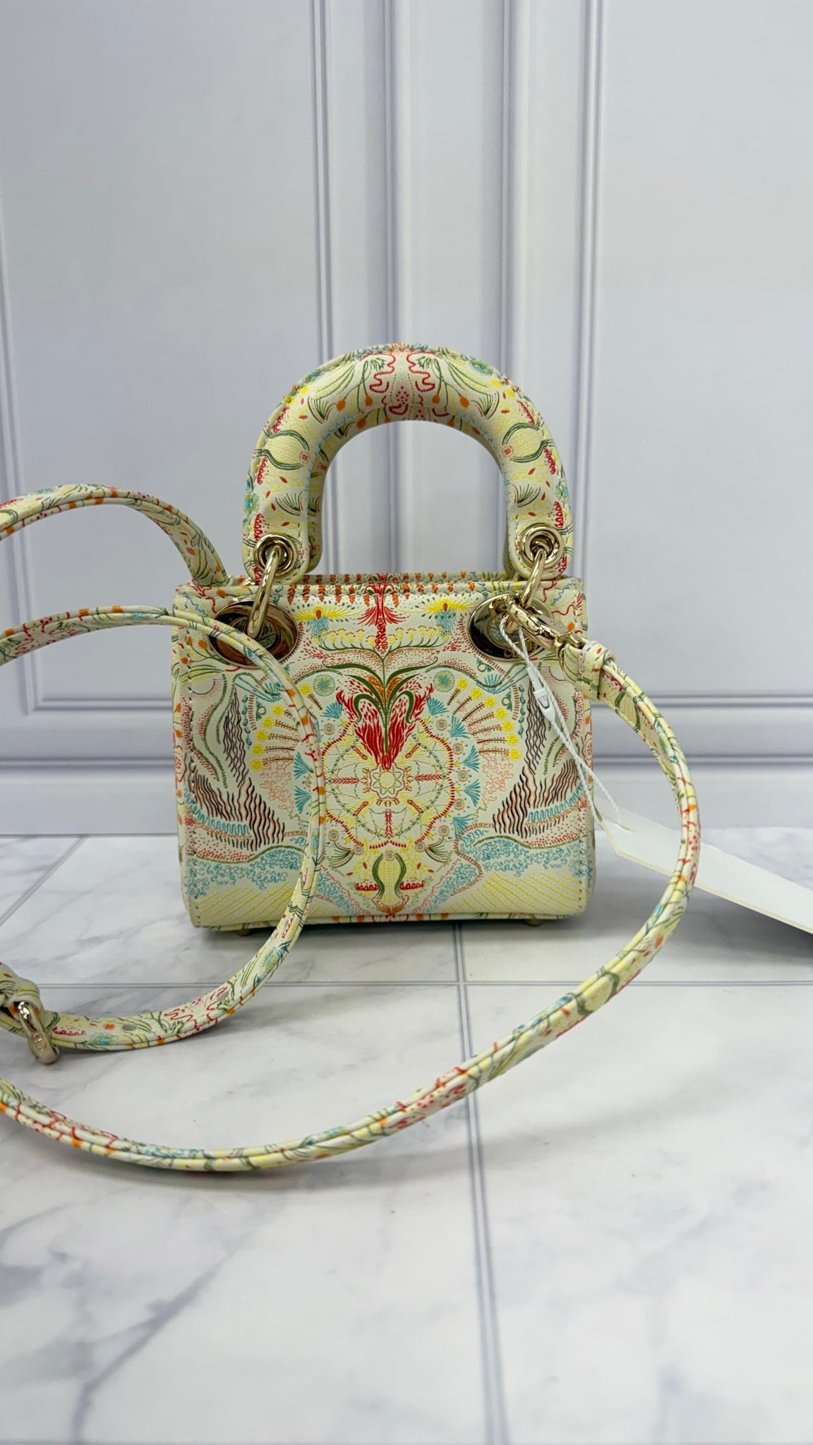 Christian Dior Ivory Multicolor Leather Embroidered In Lights Micro Lady Dior Handbag 