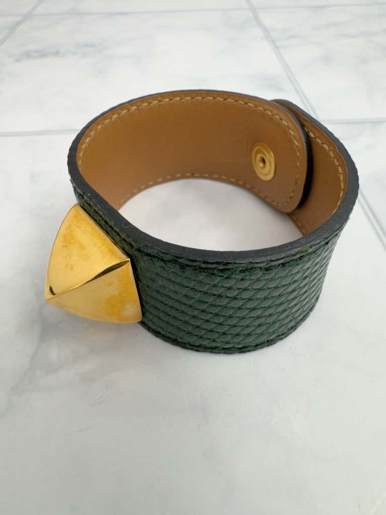 Hermes Green Lizard Skin Medor Stud Cuff Bracelet