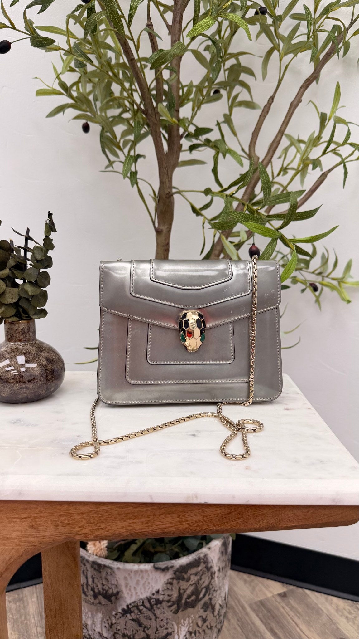 Bvlgari Patent Silver Serpenti Crossbody Bag