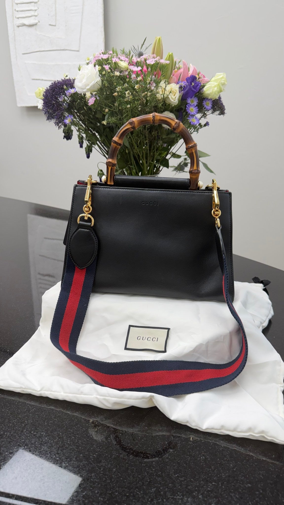 Gucci Black & Red Leather Top Handle Bamboo Nymphaea 2way Bag