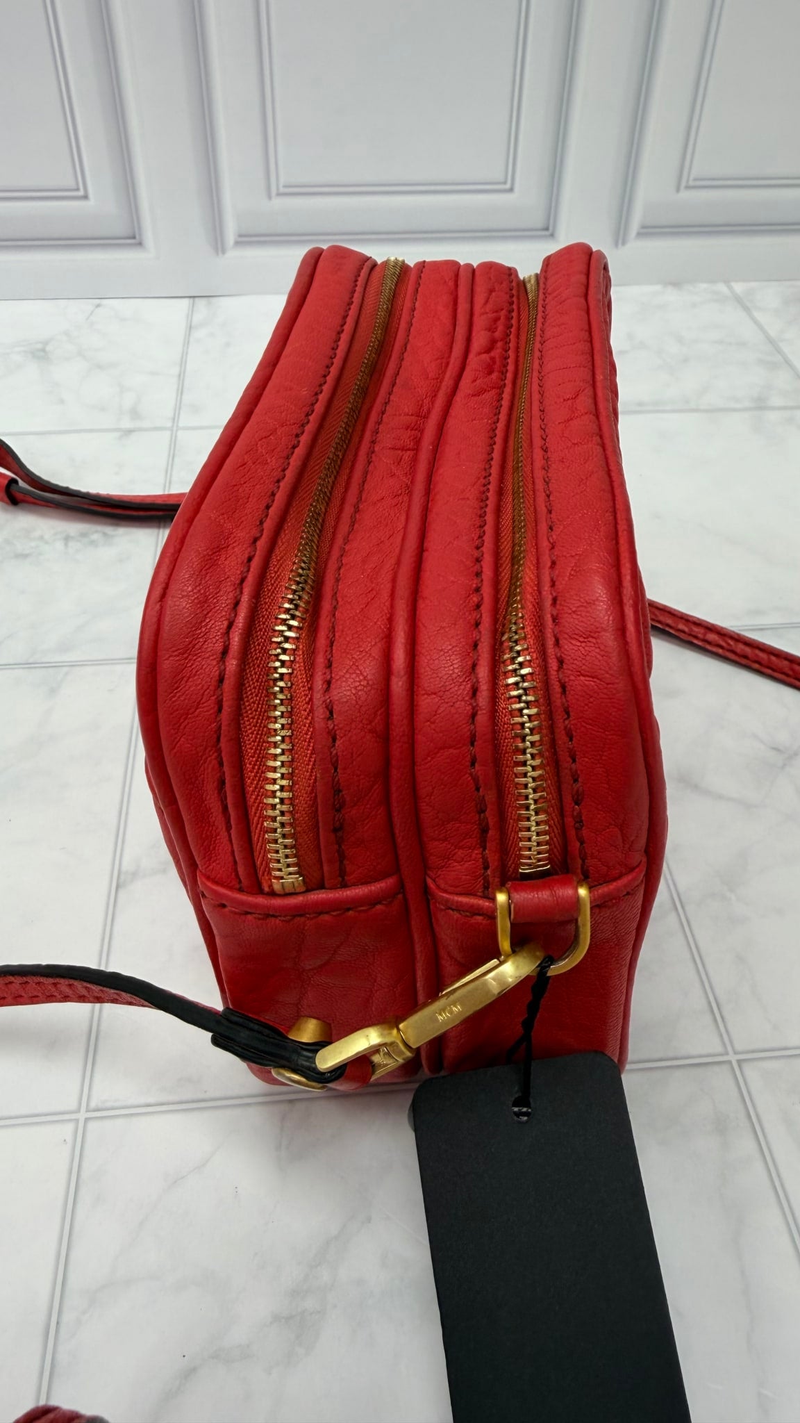 MCM Red Textured Leather Double Zip Camera Bag