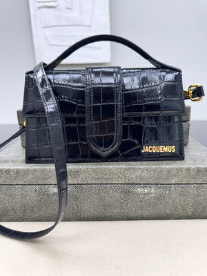 BRAND NEW - Jacquemus Black Croc Embossed Leather Le Bambino Handbag 2Way Handbag