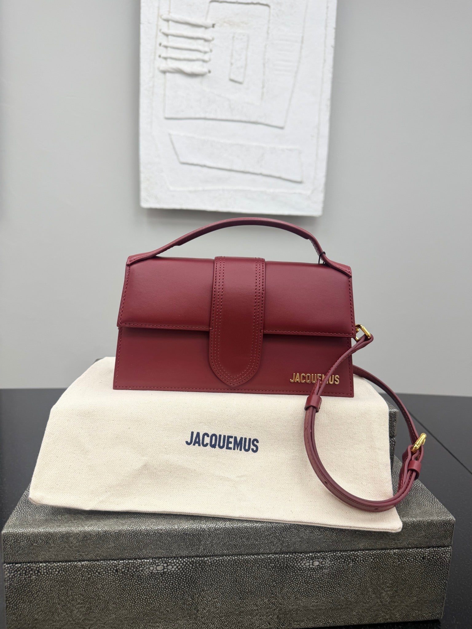 BRAND NEW - Jacquemus Burgundy Leather Le Grand Bambino 2Way Handbag